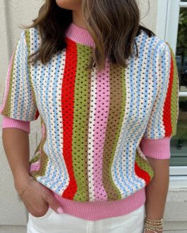 Multicolour Striped Pointelle Knit Short Sleeve Sweater