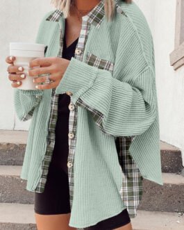 Grass Green Plaid Patchwork Waffle Thermal Knit Shacket