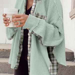 Grass Green Plaid Patchwork Waffle Thermal Knit Shacket