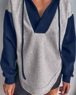 Light Grey Color Block Patchwork V Neck Drawstring Hoodie
