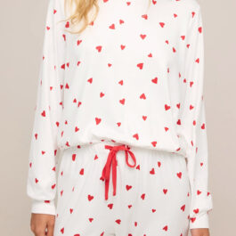 Fiery Red Tiny Hearts Printed Long Sleeve Top Drawstring Lounge Pant Set