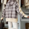 Beige Plaid Patchwork Side Slit Sweatshirt