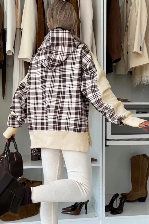 Beige Plaid Patchwork Side Slit Sweatshirt