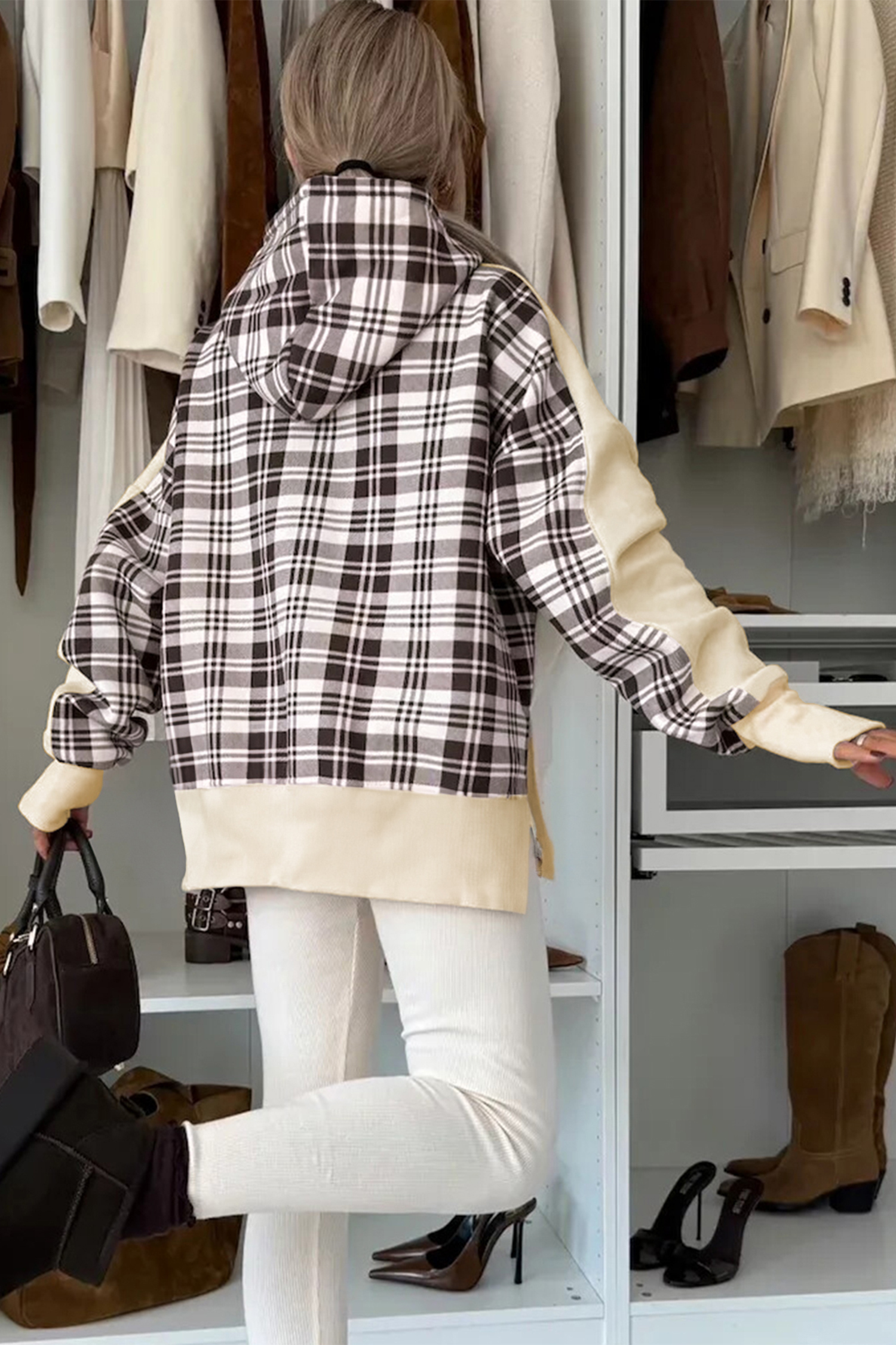 Beige Plaid Patchwork Side Slit Sweatshirt - Image 2