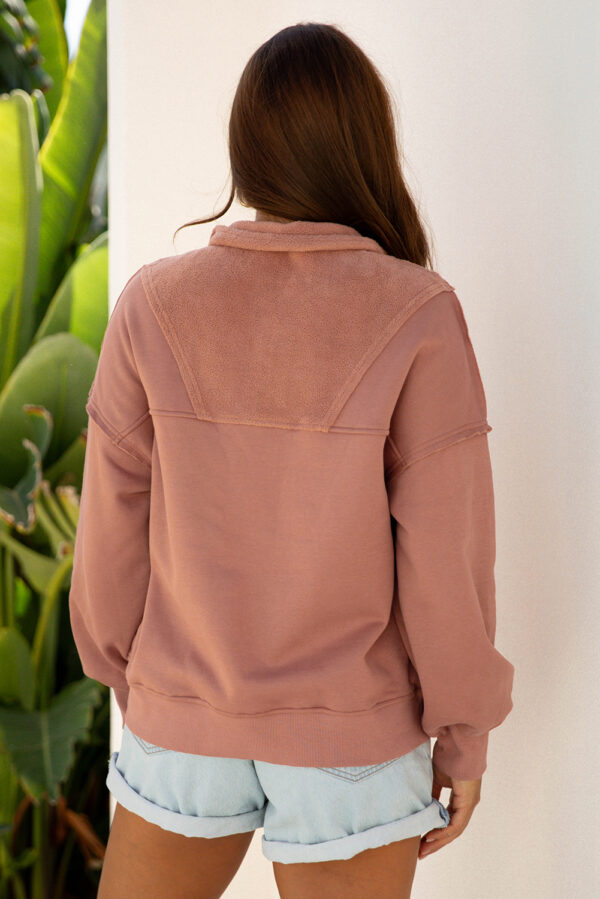 Camel Exposed Seam Side Pockets Half Zipper Baggy Sweatshirt