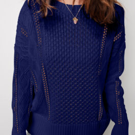 Navy Blue Mix Texture Knit Eyelet Detail Casual Sweater