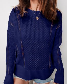 Navy Blue Mix Texture Knit Eyelet Detail Casual Sweater