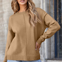 Light French Beige Front Center Seam Drop Shoulder Pullover Solid Sweater