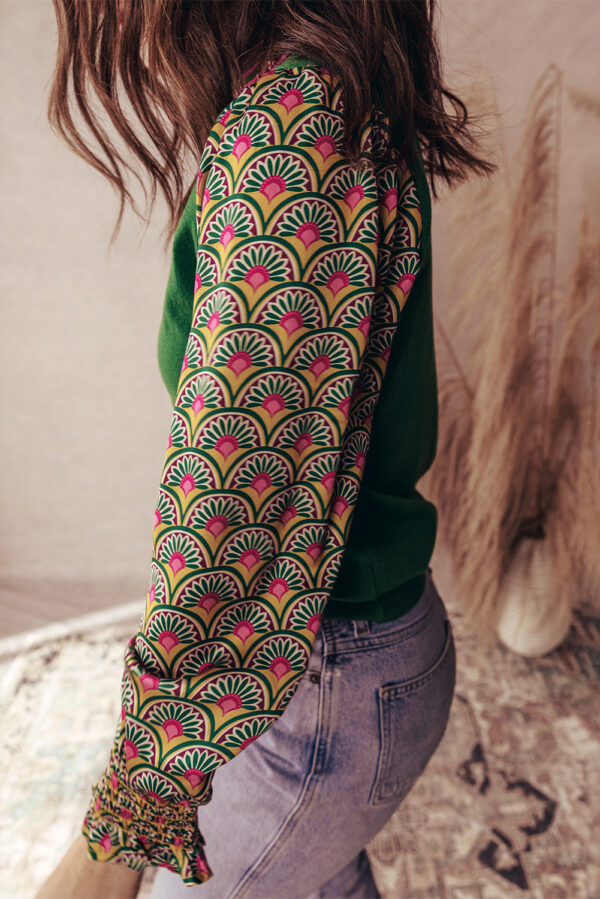 Apricot Floral Patchwork Shirred Cuff Puff Sleeve Sweater