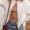 White Pearl Embellished Open Front Elegant Cardigan