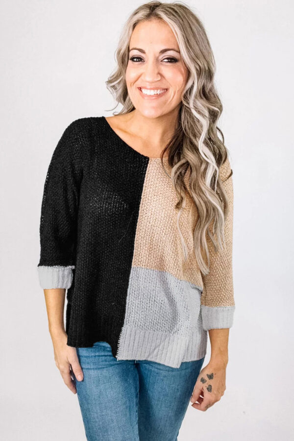 Black Color Block Knit V Neck Loose Sweater