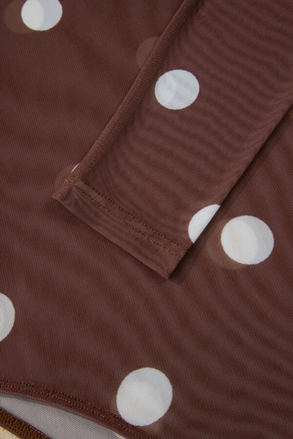 Black Vintage Polka Dot Print Mesh Long Sleeve Bodysuit