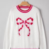 White Striped Trim Bow Graphic Round Neck Drop Shoulder Sweater