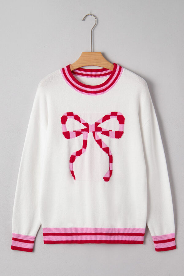 White Striped Trim Bow Graphic Round Neck Drop Shoulder Sweater