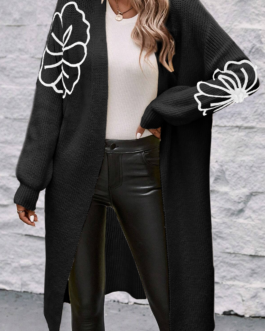 Black Flower Embroidered Drop Shoulder Open Front Duster Cardigan
