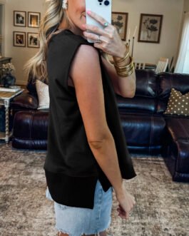 Black Solid Color Ribbed Trim Round Neck Cap Sleeve Casual Sweatshirt