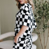 Black Checkerboard Print V Neck Loose Tee and Shorts Lounge Set