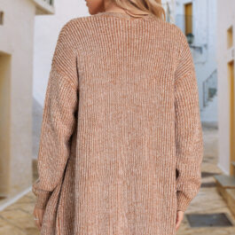 Straw Yellow Solid Open Knit Cardigan with Pockets