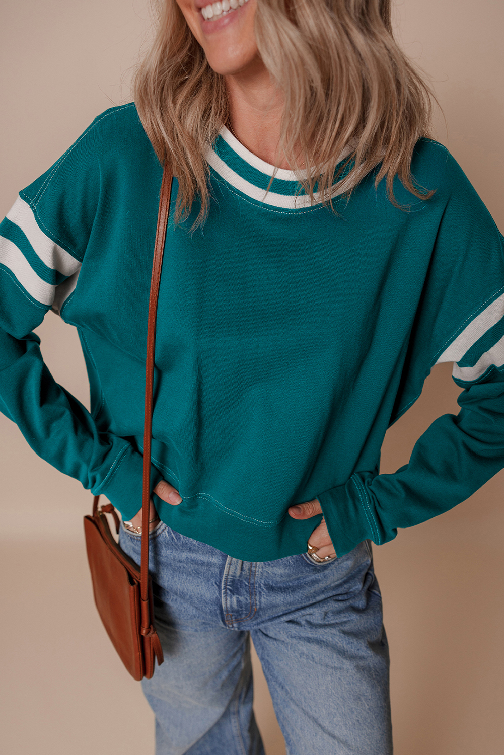 Blackish Green Contrast Striped Patchwork Round Neck Drop Shoulder Sweatshirt - Image 4