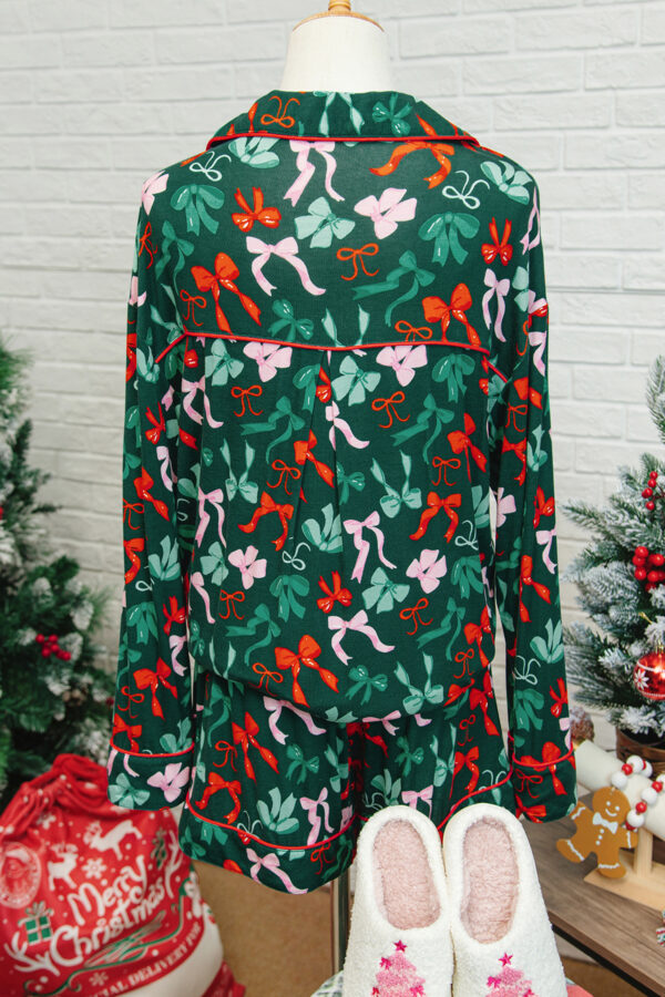 Green Festive Bow Print Long Sleeve Shirt and Pajama Short Set