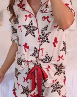 White Leopard Star Ribbon Bow Print Contrast Trim Short Pajama Set