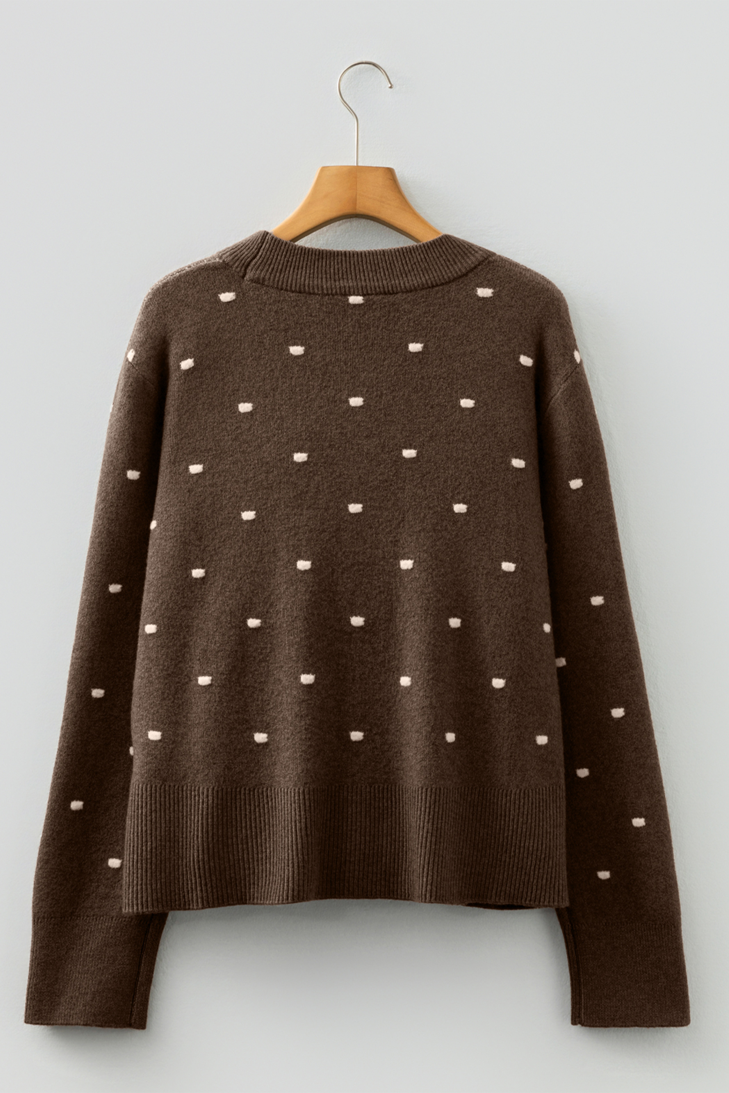 Coffee Dotted Print Ribbed Edge Knit Sweater - Image 5