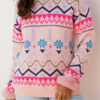 Multicolour Ethnic Christmas Pattern Knit Feather Cuffed Sweater
