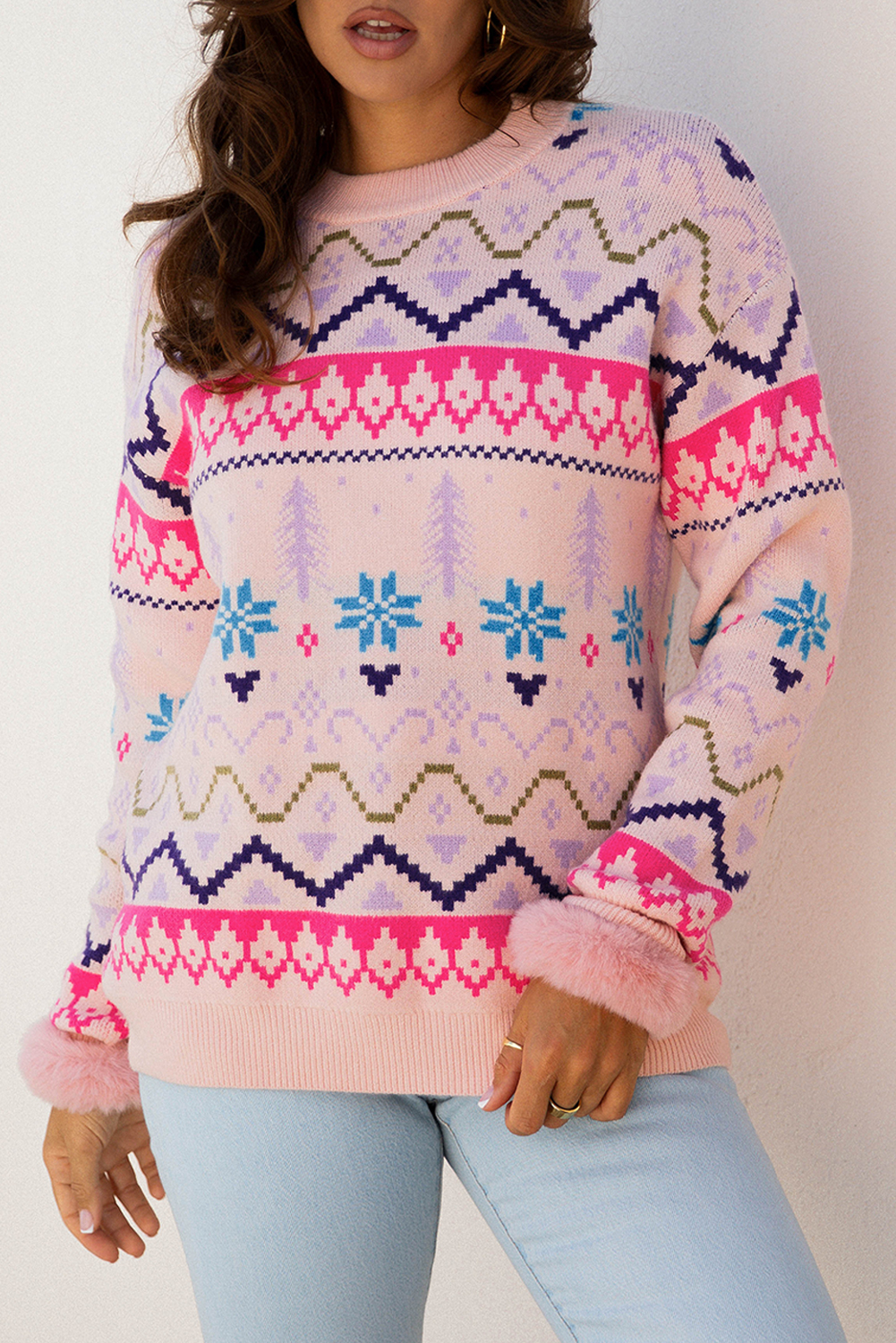 Multicolour Ethnic Christmas Pattern Knit Feather Cuffed Sweater - Image 6