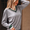 Gray Contrast Striped Trim V Neck Varsity Sweater