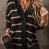 Black Stripe Buttoned V Neck Drop Shoulder Loose Cardigan