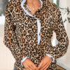Brown Wild Leopard Print Contrast Striped Frilled Trim Chic Shirt