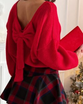 Fiery Red Festive Bow Backless Bubble Sleeve Sweater