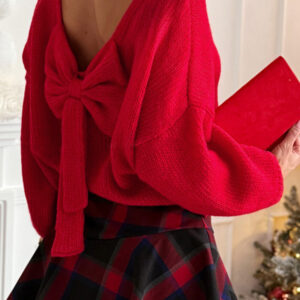 Fiery Red Festive Bow Backless Bubble Sleeve Sweater