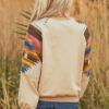 Light French Beige Aztec Patchwork Raglan Pullover Sweatshirt