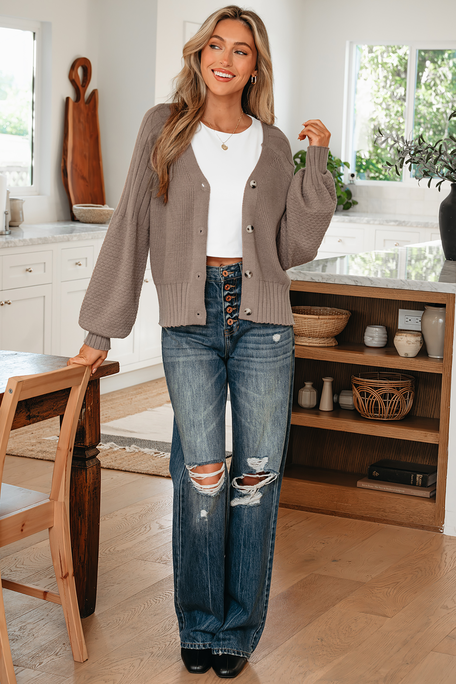 Goat Mixed Texture Knit Button V Neck Sweater Cardigan - Image 8