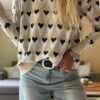 Parchment Geometric Heart Print Ribbed Trim Loose Sweater