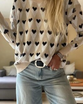 Parchment Geometric Heart Print Ribbed Trim Loose Sweater