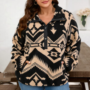 Black Plus Size Western Aztec Pattern Half Button Collared Plush Sweatshirt