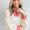 White Textured Knit Contrast Striped Accent Zipped Collar Pullover Top