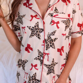 White Leopard Star Ribbon Bow Print Contrast Trim Short Pajama Set