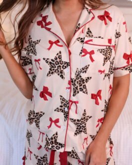 White Leopard Star Ribbon Bow Print Contrast Trim Short Pajama Set