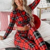 Red Festive Plaid Print Round Neck Long Sleeve and Pants 2 Piece Lounge Set