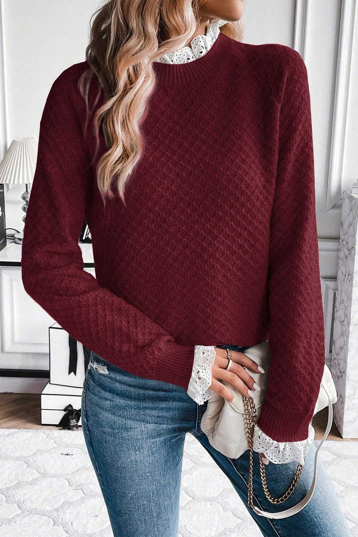 Burgundy Contrast Lace Frilled Trim Raglan Sleeve Sweater - Image 4