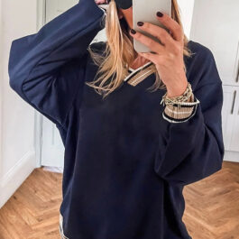 Navy Blue Varsity Contrast Striped Trim V Neck Sweatshirt