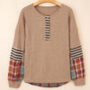 Straw Yellow Waffle Stripe Plaid Patchwork Henley Knit Top