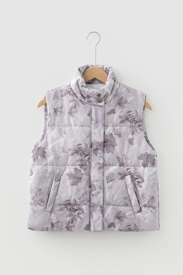 Gray Camo Leaf Print Winter Puffer Vest