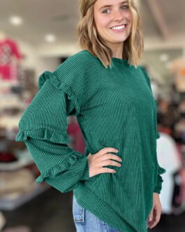 Evergreen Twisted Ribbed Tiered Ruffles Long Sleeve Pullover Top