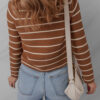 Chestnut Tie Front Striped Knit V Neck Cardigan Sweater