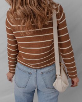 Chestnut Tie Front Striped Knit V Neck Cardigan Sweater