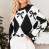 Black Bow Print 2-tone Rhombus Knit Loose Sweater